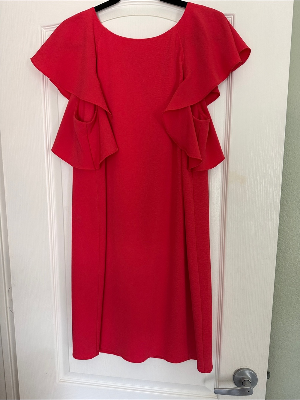 Madison Coral/Res Midi Dress with Ruffle Sleeves